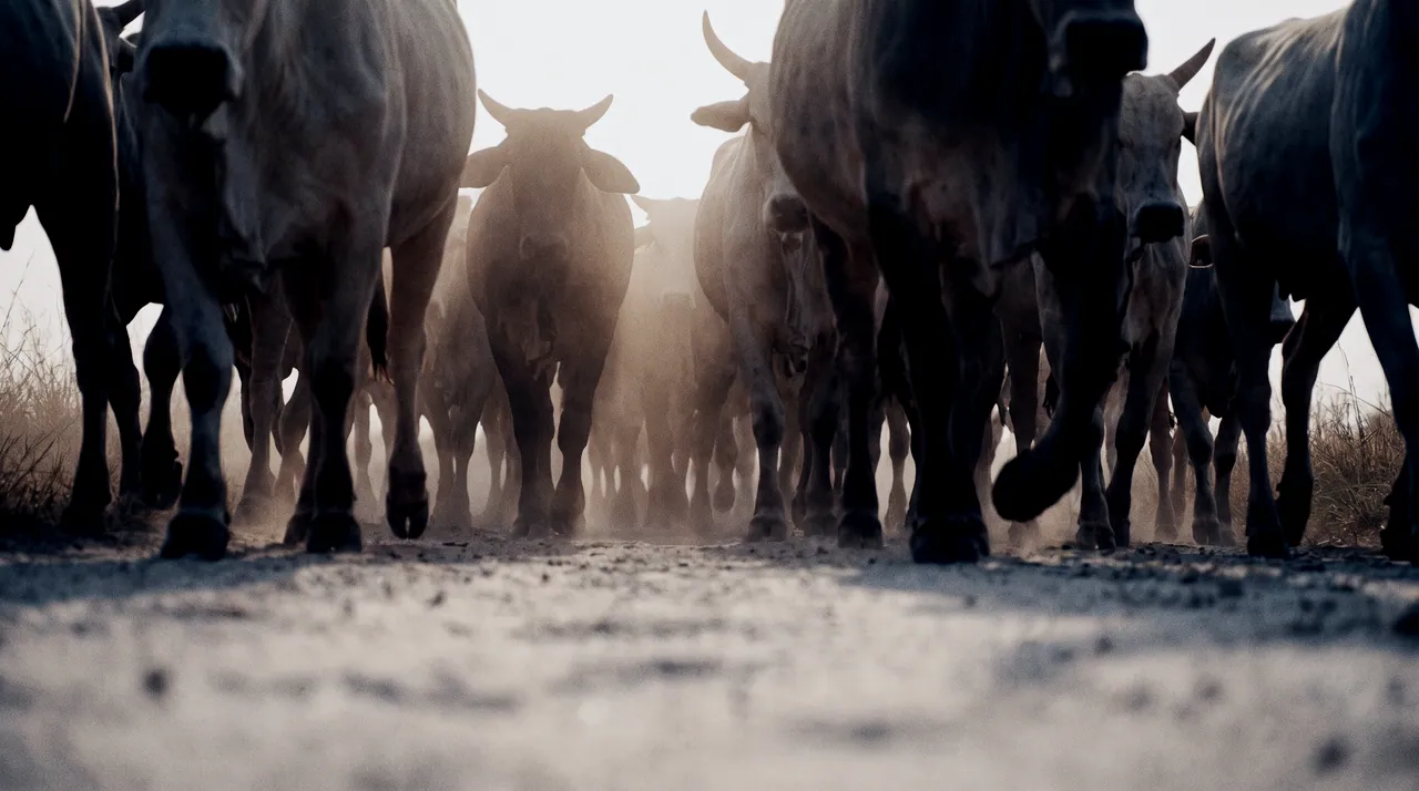 The herd coming through the dust straight at the camera, backlit