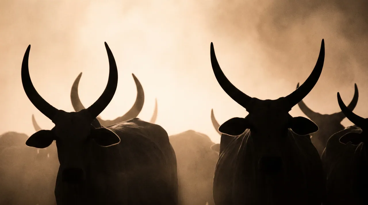 The herd in warm backlight, dust hanging over the pasture